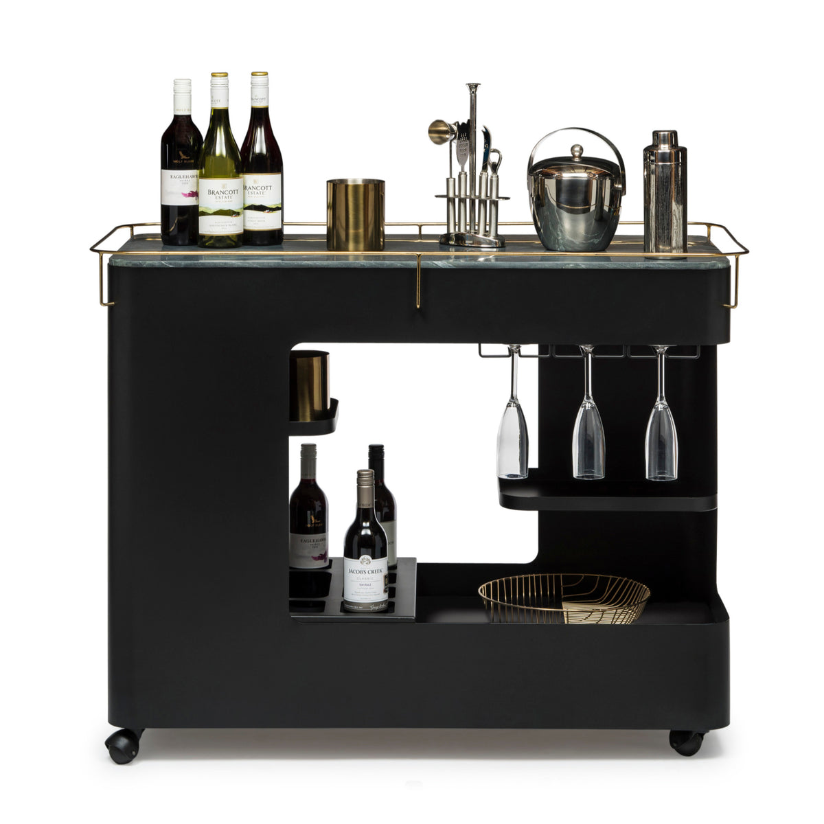 Black &amp; Gold Bar Cart with Marble Top - Wine Stash